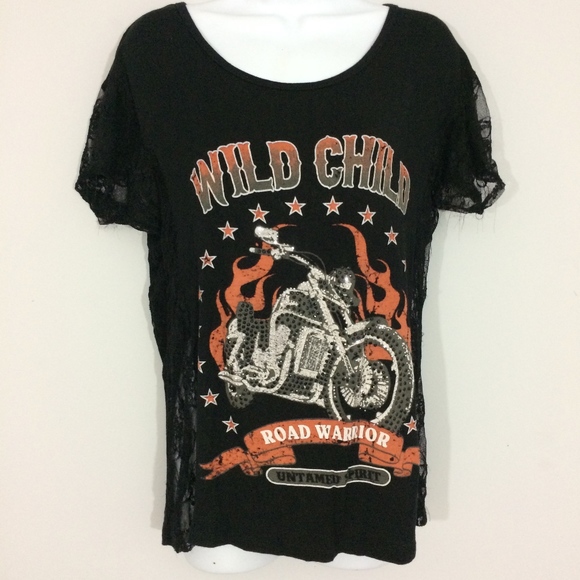 Liberty Wear Tops - Liberty Wear Womens L Wild Child Rhinestone & Lace